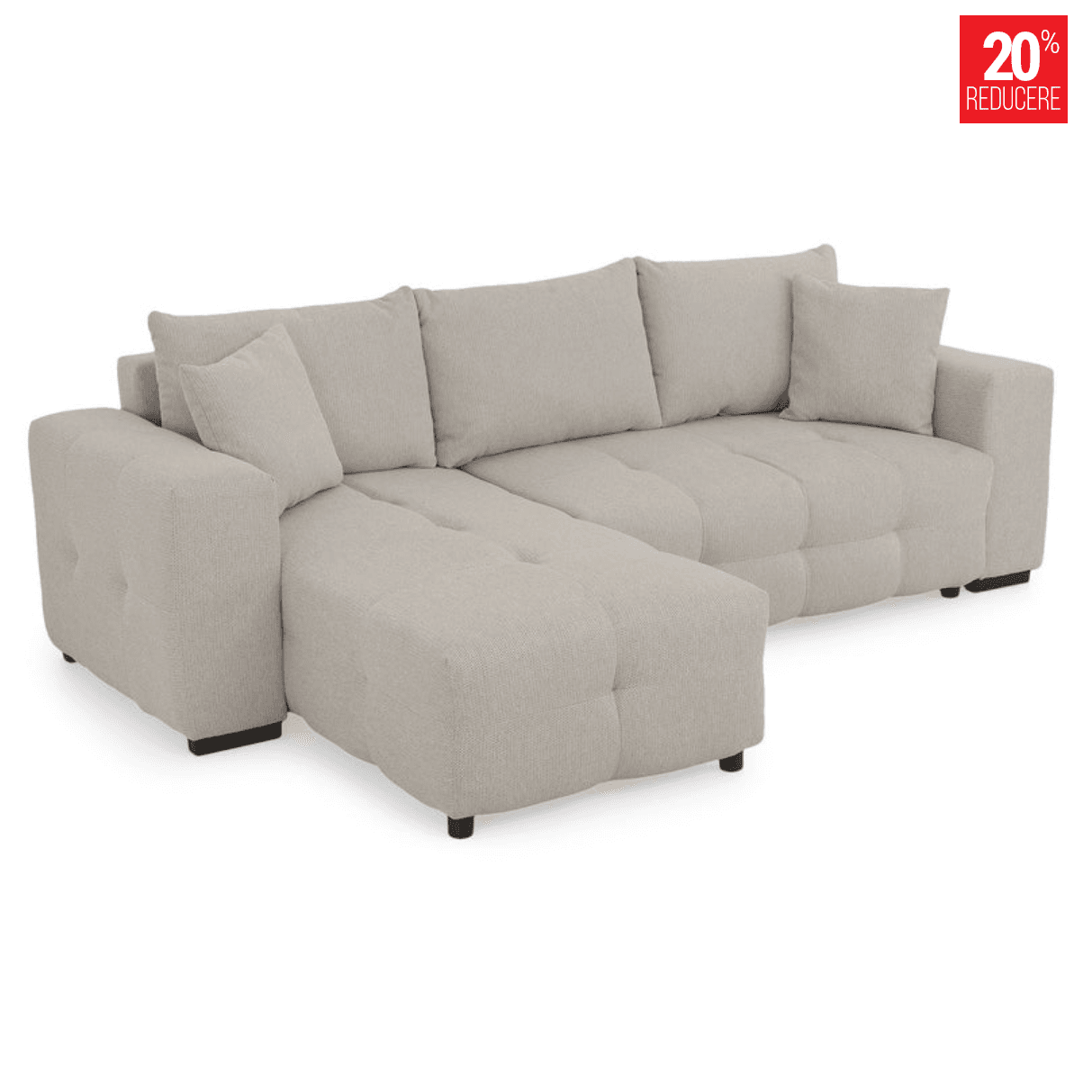 An L-shaped sectional sofa featuring a chaise extension, upholstered in a light gray, subtly textured fabric. The sofa includes multiple plush back cushions and a small accent pillow. Its seat cushions are distinctively button-tufted, providing a structured yet soft appearance. The arms are wide and block-shaped, offering a contemporary profile. The entire piece is supported by small, recessed dark block feet. — 3D model