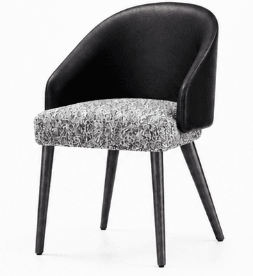 A contemporary upholstered armchair featuring a black, smoothly curved backrest and integrated armrests. The seat cushion is upholstered in a contrasting white and gray patterned fabric. The chair is supported by four dark, tapered wooden legs, lending it a sleek and modern appearance. — 3D model