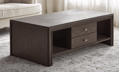A rectangular media console crafted from dark-stained wood, featuring two central drawers with round brass-tone knobs, flanked by open storage compartments. The unit exhibits a prominent wood grain texture and sits on a recessed base. — 3D model
