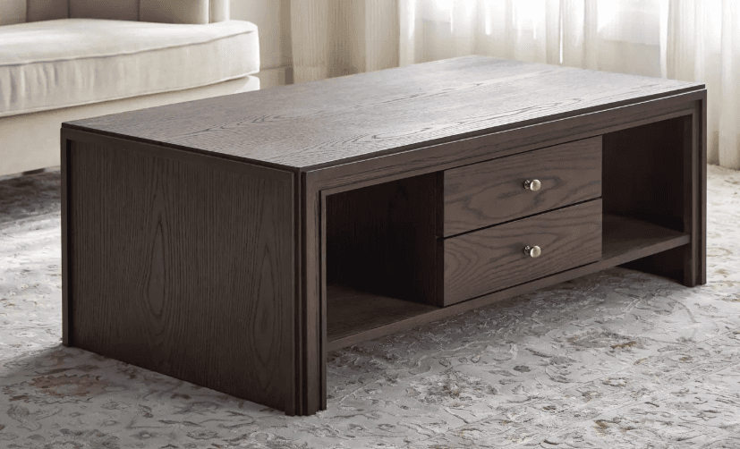 A rectangular media console crafted from dark-stained wood, featuring two central drawers with round brass-tone knobs, flanked by open storage compartments. The unit exhibits a prominent wood grain texture and sits on a recessed base. — 3D model
