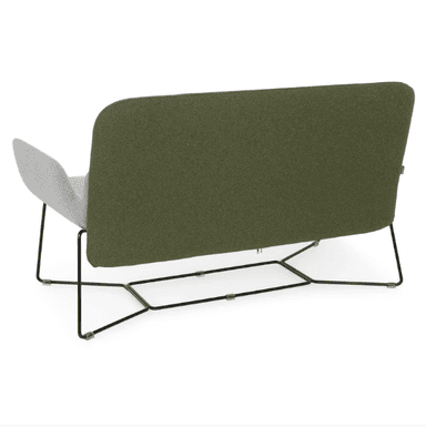 A modern two-seater sofa with a distinctive design. The seat and armrests are upholstered in a light grey, textured fabric, while the backrest is a contrasting dark olive green, also textured. The sofa features a curved, flowing silhouette for the seat and arms. It is supported by a minimalist, black metal frame with a geometric, open-leg design. — 3D model