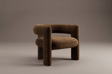 A contemporary lounge chair featuring a plush, textured bouclé-like upholstery in a warm brown hue. The chair has a rounded, minimalist form with integrated arms and backrest, creating a continuous, inviting silhouette. It is supported by a robust, dark wooden plinth-style base that provides a contrast to the soft upholstery. — 3D model