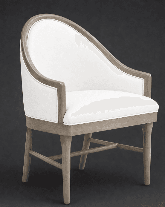 A contemporary armchair with a gracefully curved back and arms, upholstered in white fabric. The frame, including the legs and the curved trim around the upholstery, is constructed from wood with a weathered gray finish. The design features clean lines and a supportive structure. — 3D model