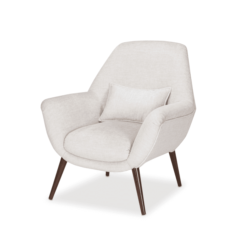 A modern armchair upholstered in a light-colored textured fabric. It features a rounded silhouette with integrated armrests and a high back. A small lumbar pillow is placed on the seat. The chair is supported by four tapered wooden legs in a dark finish. — 3D model