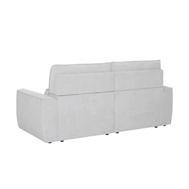 A light gray, upholstered loveseat featuring a contemporary design. The backrest is divided into two distinct, vertically separated sections, suggesting adjustable headrests or a reclining mechanism. The armrests are wide and subtly curved, and the entire piece is covered in a subtly textured fabric. It stands on small, recessed, dark cylindrical feet. — 3D model