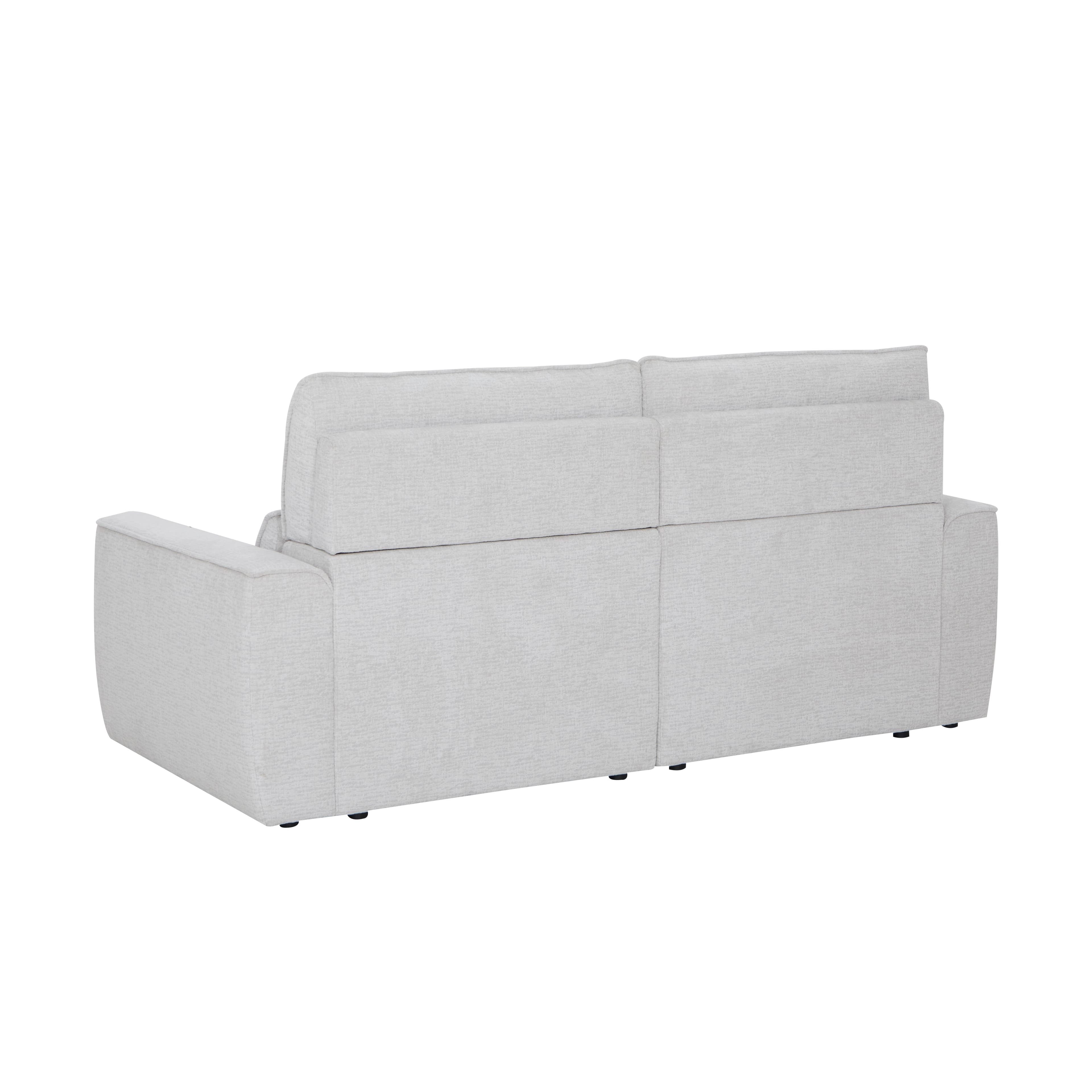 A light gray, upholstered loveseat featuring a contemporary design. The backrest is divided into two distinct, vertically separated sections, suggesting adjustable headrests or a reclining mechanism. The armrests are wide and subtly curved, and the entire piece is covered in a subtly textured fabric. It stands on small, recessed, dark cylindrical feet. — 3D model