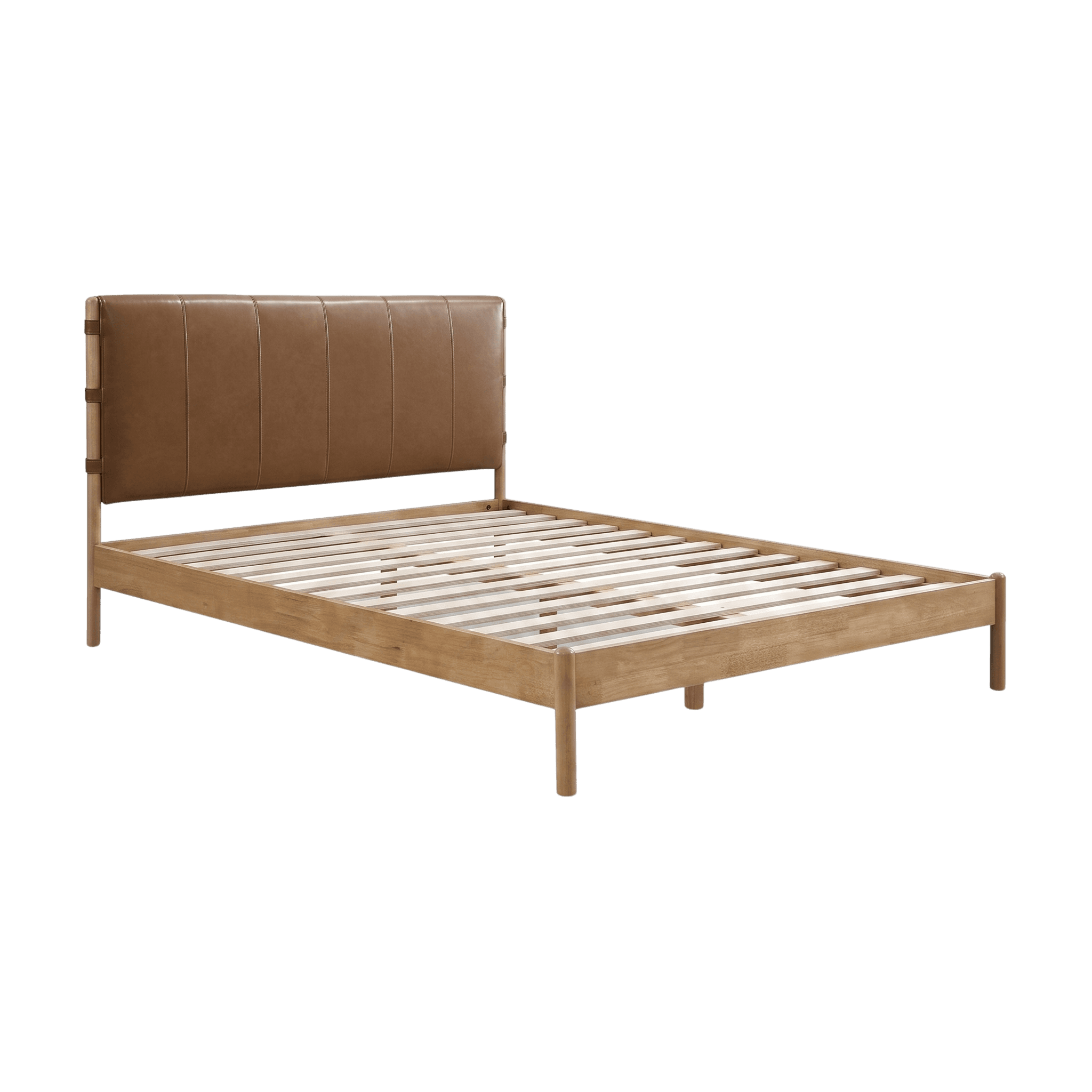 This is a platform bed frame featuring a simple, modern design. The frame is constructed from natural-toned wood with a slatted base designed to support a mattress without the need for a box spring. The headboard is upholstered in a tan-brown leather or faux leather, divided into vertical panels with visible stitching, and framed by wooden posts that connect to the side rails. The overall aesthetic combines natural wood with a touch of classic upholstery. — 3D model