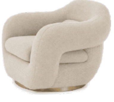A light-colored, upholstered swivel lounge chair with a curvilinear design and a metallic plinth base. — 3D model