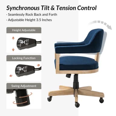 An upholstered desk chair featuring a navy blue fabric seat and backrest, with a light-toned wooden frame and a five-star base with casters. It includes a pneumatic lift for height adjustment and swivel functionality. The backrest is rounded, extending into curved, upholstered armrests. — 3D model