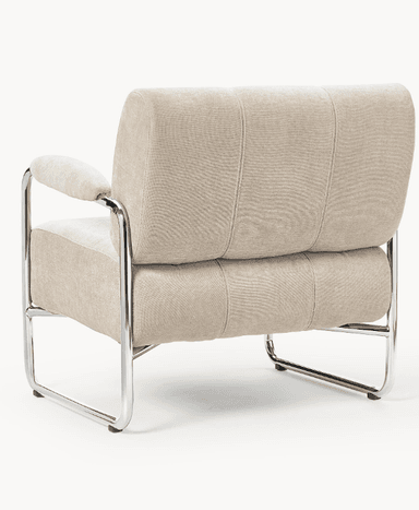 A contemporary armchair with a tubular chrome-plated steel frame and upholstered seat, back, and armrests. The upholstery features a textured fabric and is segmented with vertical stitching on the backrest and seat cushion. The armrests are curved and integrated into the frame. — 3D model