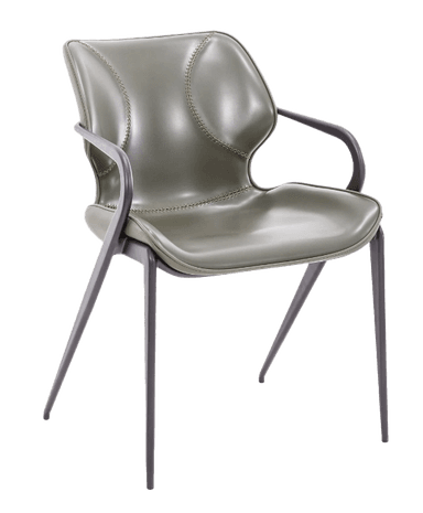 A modern armchair with a sculpted seat and backrest, supported by a dark, angular frame with four tapered legs. The seat and back are upholstered in a smooth, matte, olive-green material with visible stitching details on the backrest. The armrests are integrated into the frame, forming a continuous loop with the back support. — 3D model