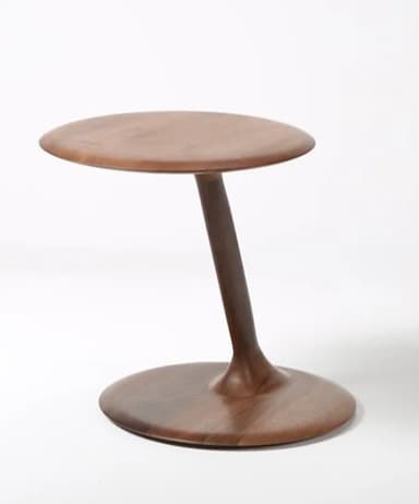A minimalist pedestal side table crafted from dark wood, featuring a circular top and a flared, circular base connected by a slender central column. — 3D model