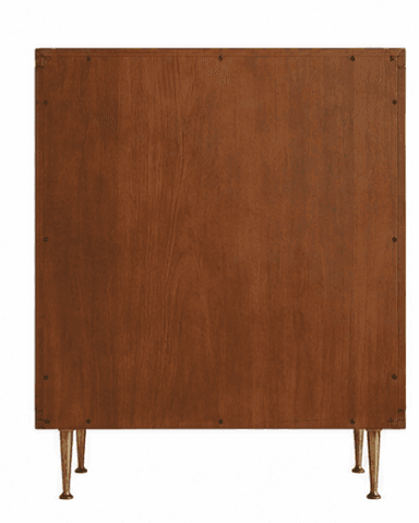 A mid-century modern style chest of drawers featuring four stacked drawers, each with a distinctive wrapped cylindrical handle, supported by slender, tapered brass legs. — 3D model