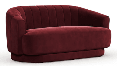 A two-seater sofa with a curved back and armrests. The upholstery features vertical channel tufting on the back and sides, extending to the armrests. The base is a rounded, solid plinth. — 3D model
