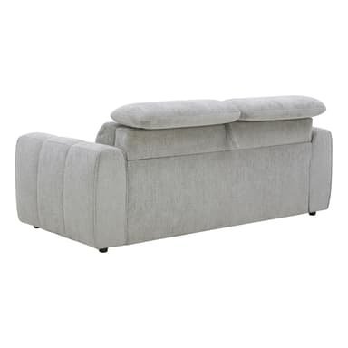 A contemporary sofa upholstered in a light gray fabric, featuring a sleek, minimalist design. The back cushions appear to have an integrated adjustable headrest mechanism, visible as a distinct, plush roll above the main backrest. The exterior sides of the armrests exhibit subtle vertical channel tufting, adding a touch of tailored detail. The sofa rests on low-profile, dark circular feet, suggesting a sturdy, modern construction. — 3D model