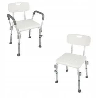 A white and silver adjustable height shower chair with a backrest and armrests, designed for safe bathing. It features a perforated seat and back for drainage, a lightweight aluminum frame, and non-slip rubber feet. — 3D model