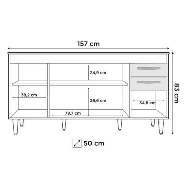 A long, low, white media console featuring a combination of open shelving compartments and two integrated drawers on the right side, supported by four splayed, tapered legs. The design is clean and minimalist. — 3D model