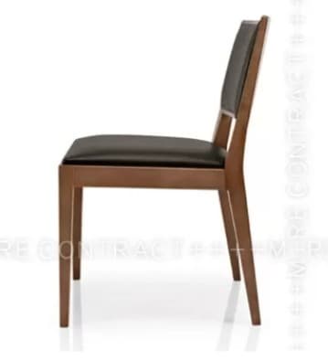 A side view of a wooden dining chair with a black upholstered seat and a solid backrest. The chair features clean lines and a minimalist design, with tapered legs and a slightly curved back. — 3D model