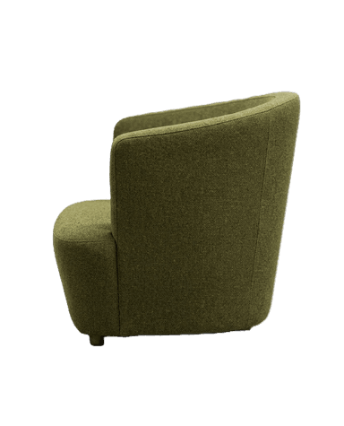 A compact, contemporary upholstered barrel-style chair in a muted olive green textured fabric, featuring a rounded backrest that seamlessly transitions into integrated armrests. The chair has a solid, fabric-covered base. — 3D model