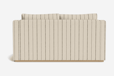 A contemporary two-seater sofa or loveseat upholstered in a light, striped fabric and resting on a wooden plinth base. The back and armrests feature vertical stripes, while the seat and back cushions have horizontal stripes. The design is low-profile with gently curved arms. — 3D model