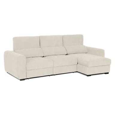A contemporary three-seater sofa upholstered in an off-white or cream textured fabric, shown from a rear-side perspective. The sofa features a low-profile design with three individual loose back cushions. The visible side shows a subtly rounded, integrated track arm, and the base is supported by discrete black block feet. The upholstery appears clean and in excellent condition, indicating a new or well-maintained item. — 3D model