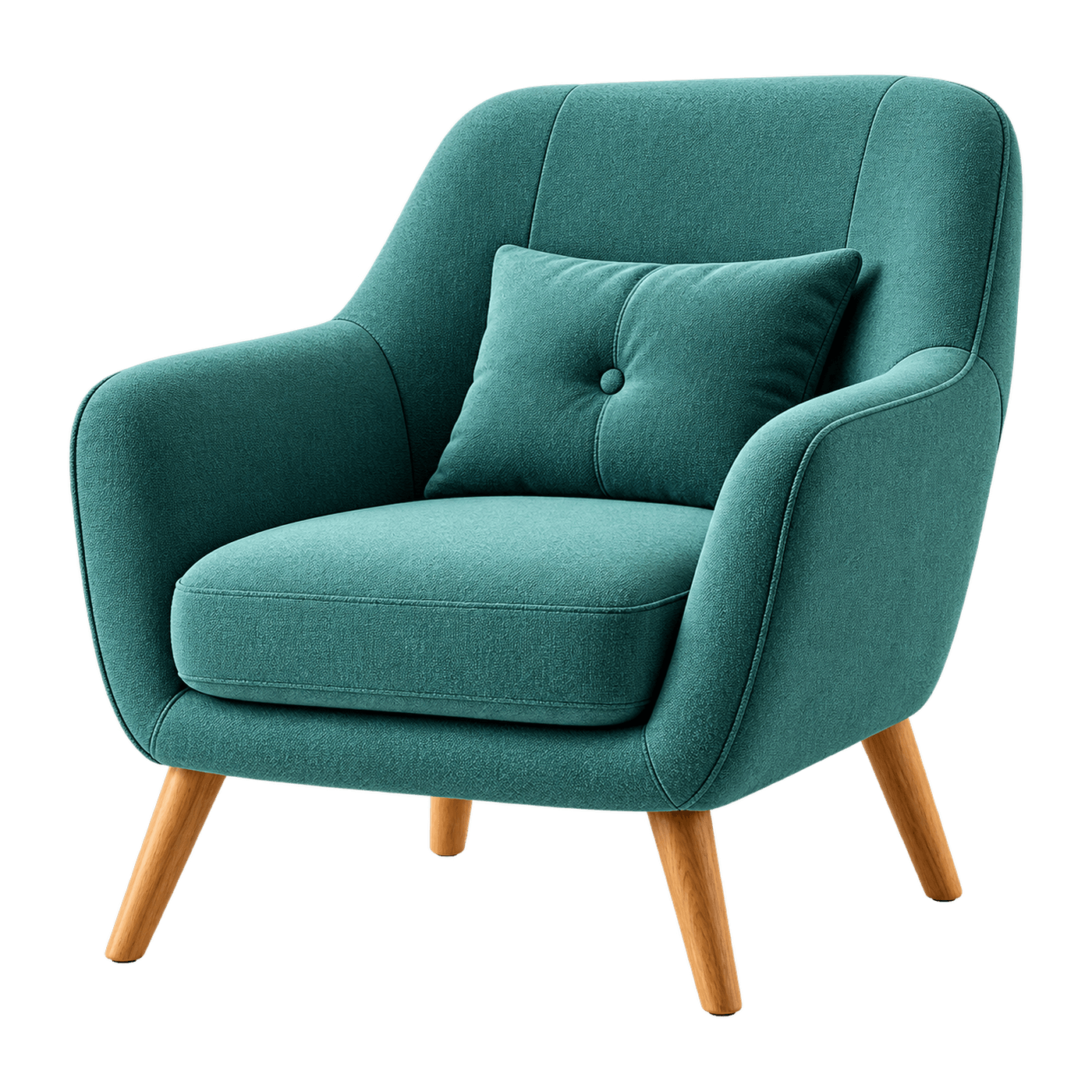 A modern upholstered armchair featuring a deep teal fabric and light-colored wooden tapered legs. The chair has a comfortable, inviting form with curved armrests and a supportive backrest. A small matching throw pillow with a single central button tuft is included, resting against the back. — 3D model