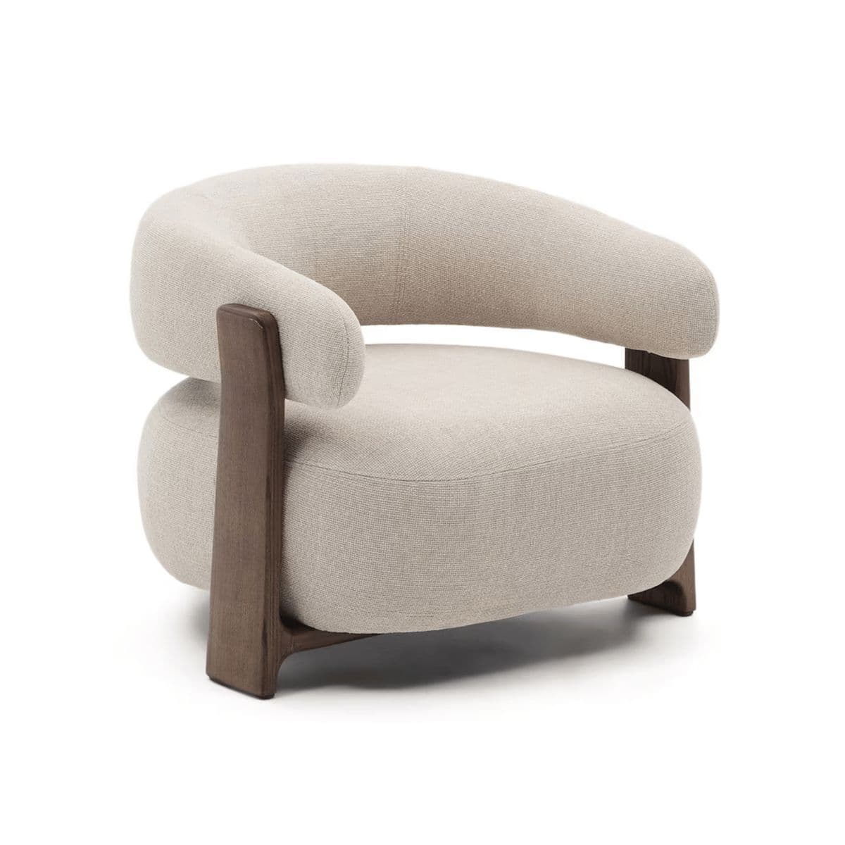 Upholstered lounge chair with a rounded, inviting silhouette supported by distinctive exposed wooden armrest/leg frames. — 3D model