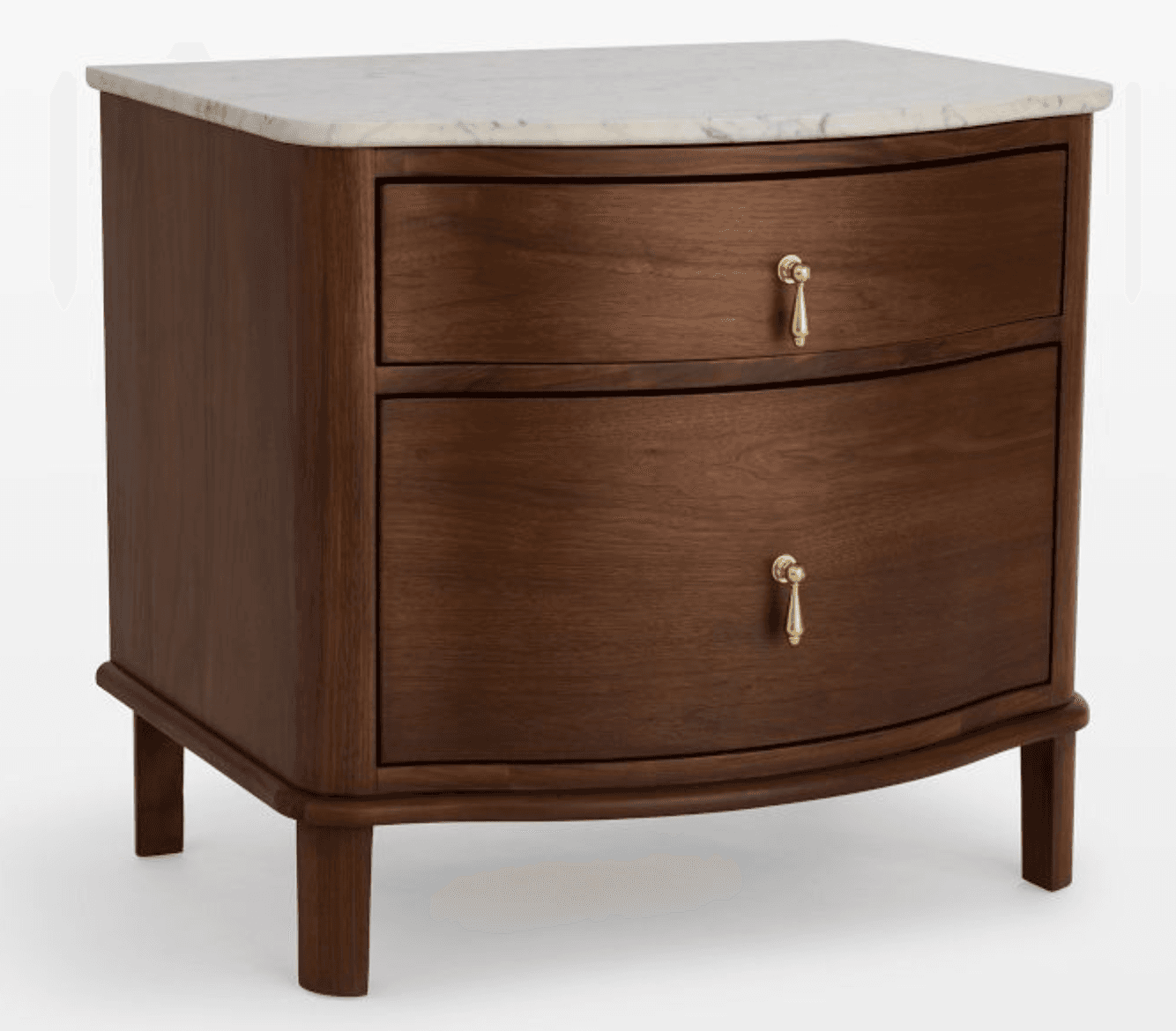 A contemporary nightstand featuring a solid wood construction with a rich walnut finish, complemented by a white marble top. It has a distinctive curved front with two spacious drawers, each adorned with elegant brass drop pulls. The piece stands on four subtly tapered legs, reflecting a blend of classic and modern design elements. — 3D model