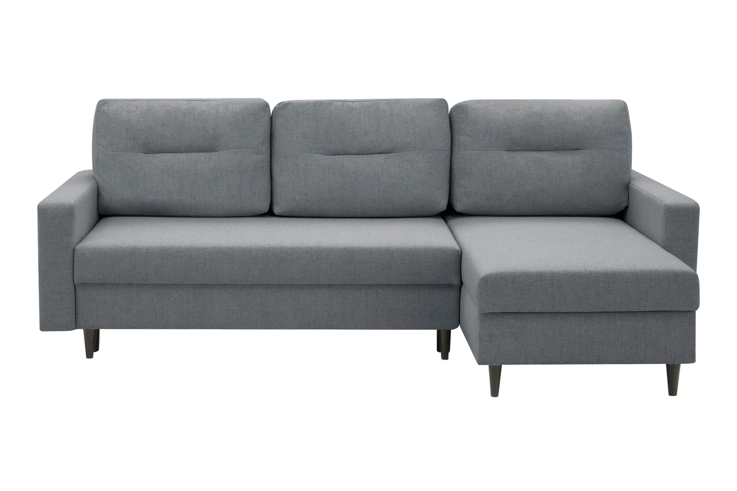 A sectional sofa with a chaise lounge. It features three back cushions with subtle tufting and a single seat cushion for the main section. The chaise lounge extends from the right side of the sofa. The sofa is upholstered in a textured gray fabric and stands on four dark, tapered legs. — 3D model