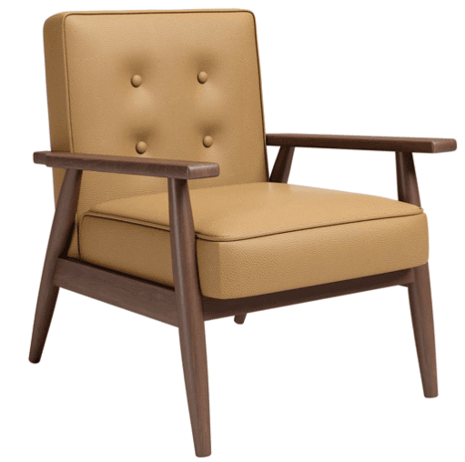 A mid-century modern style armchair featuring an exposed wooden frame, a tufted upholstered back, and flat wooden armrests, with tapered legs. — 3D model