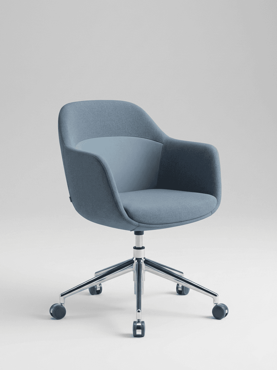A modern office chair with a contoured seat and back, featuring upholstered armrests. The chair is supported by a polished metal five-star base with casters for mobility. The upholstery is a textured fabric with two shades of blue. — 3D model