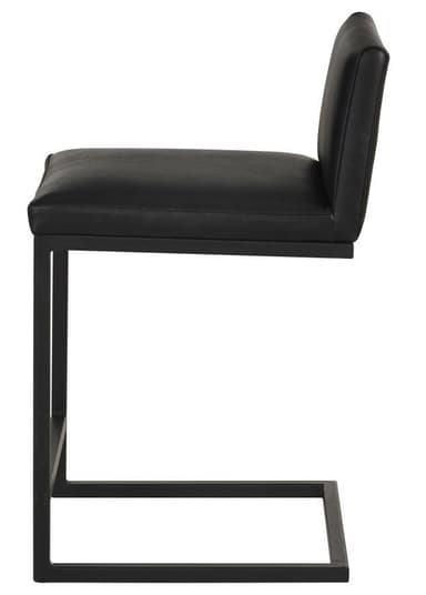 A contemporary black bar stool featuring a sleek, armless design. It consists of a padded seat and a slightly tapered backrest, both upholstered in black material, likely faux leather or PU. The stool is supported by a square-profile black metal frame, which includes an integrated footrest for comfort. The overall aesthetic is minimalist and modern. — 3D model