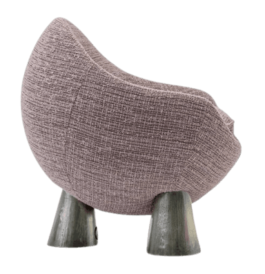 A contemporary egg-shaped lounge chair upholstered in a textured, light purple-grey fabric, featuring a deep, cocooning form and supported by three short, conical dark grey legs. — 3D model