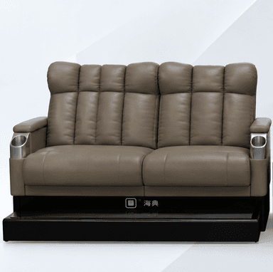A contemporary two-seater loveseat, likely designed for home theater or media room use, featuring heavily padded, articulated backrests and seat cushions upholstered in a taupe or light brown faux leather. Each armrest includes an integrated polished metal cup holder. The entire unit is supported by a substantial, dark, rectangular platform base that extends forward, suggesting a reclining mechanism or integrated footrest. — 3D model