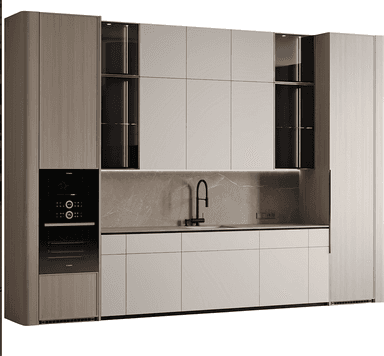 An integrated kitchen cabinetry system featuring tall storage units, upper wall cabinets, and lower base cabinets with an incorporated sink and faucet, as well as built-in appliances including an oven and microwave. The design is modern and minimalist, utilizing light wood tones for the tall units and a matte light gray finish for the other cabinet fronts, complemented by a stone-look countertop and backsplash. — 3D model