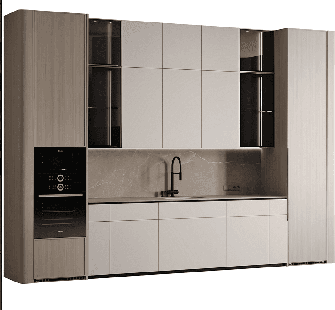 An integrated kitchen cabinetry system featuring tall storage units, upper wall cabinets, and lower base cabinets with an incorporated sink and faucet, as well as built-in appliances including an oven and microwave. The design is modern and minimalist, utilizing light wood tones for the tall units and a matte light gray finish for the other cabinet fronts, complemented by a stone-look countertop and backsplash. — 3D model