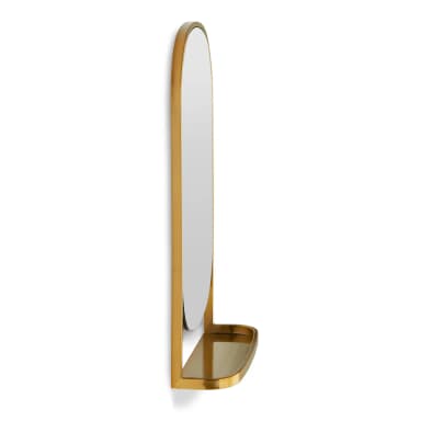 A tall, rectangular wall mirror featuring an arched top and a slender, polished gold-toned metal frame. The mirror glass itself has rounded top corners and a distinct curved lower edge, not extending to the full width of the frame's base. An integrated, shallow metal shelf is positioned at the bottom of the frame, creating a minimalist yet functional design. — 3D model