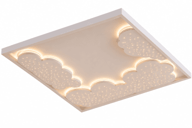 A square, white flush-mount LED ceiling light fixture featuring a whimsical cloud motif. The central panel is off-white with several cloud-shaped cutouts, each subtly backlit and embedded with numerous small LED lights to create a 'starry night' effect. The light provides a soft, warm glow around the cloud perimeters and a sparkling illumination within the cloud shapes. — 3D model
