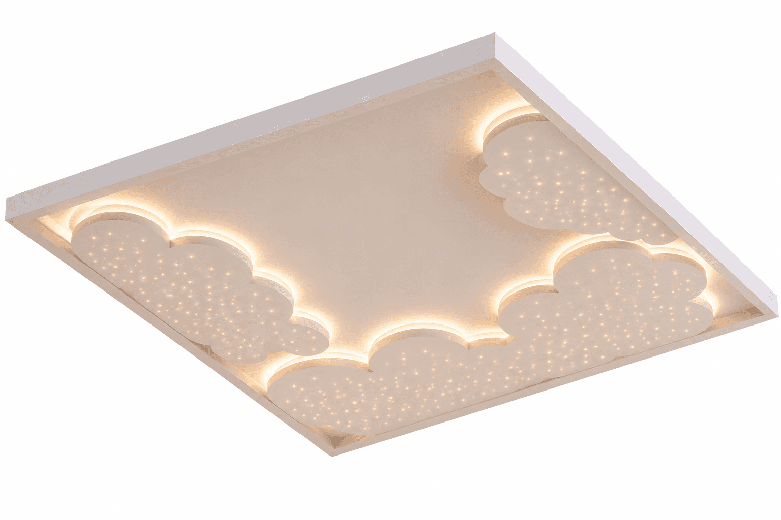 A square, white flush-mount LED ceiling light fixture featuring a whimsical cloud motif. The central panel is off-white with several cloud-shaped cutouts, each subtly backlit and embedded with numerous small LED lights to create a 'starry night' effect. The light provides a soft, warm glow around the cloud perimeters and a sparkling illumination within the cloud shapes. — 3D model