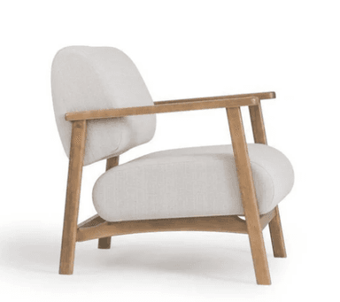 A modern lounge armchair featuring an exposed light-toned wooden frame and soft, light beige upholstered cushions for the seat and back. The design is minimalist with clean lines and rounded armrests. — 3D model