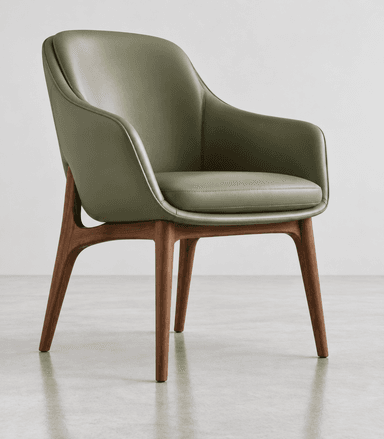 A contemporary armchair featuring a curved, enveloping shell upholstered in a sage green material, likely leather or high-quality faux leather. The chair rests on a splayed and tapered wooden base, providing a modern and elegant aesthetic. It includes a removable seat cushion for added comfort. — 3D model