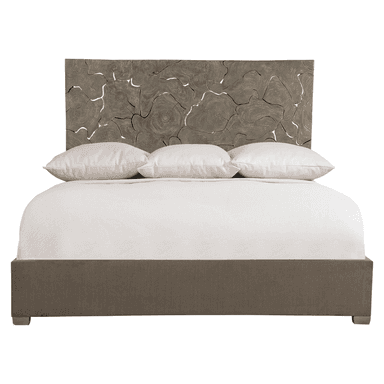 A king-size bed with a distinctive headboard featuring a mosaic of wood slices with visible grain patterns and cracks, giving it a natural, rustic aesthetic. The bed frame is upholstered in a textured, dark grey fabric. Two white pillows and white bedding are present on the mattress. — 3D model