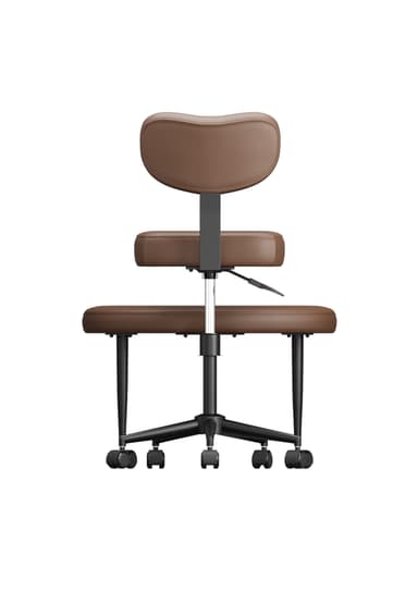 An ergonomic kneeling office chair featuring brown faux leather upholstery, a separate padded knee/shin rest, and a curved backrest. It is equipped with a height-adjustable gas lift and five-star wheeled base for mobility. — 3D model