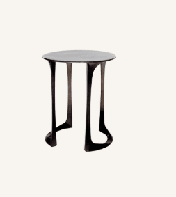 A modern, sculptural side table featuring a round tabletop supported by a distinctive three-legged base with curved, tapered legs, all finished in a dark, high-gloss lacquer. — 3D model
