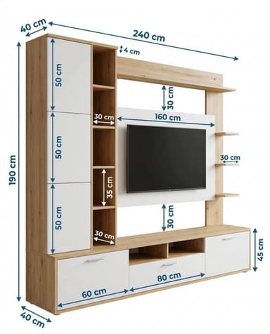 A modern and modular entertainment wall unit featuring a two-tone design of light wood-look finish and white panels. It is designed to accommodate a television within a central recessed panel. The unit comprises multiple storage elements including closed cabinets, drawers, and open shelves, offering versatile storage and display options. The left side features a tall cabinet section with white doors and integrated open shelving. The right side has a series of floating-style shelves. The base consists of several drawers and open compartments, providing space for media devices. The overall aesthetic is clean, functional, and contemporary. — 3D model