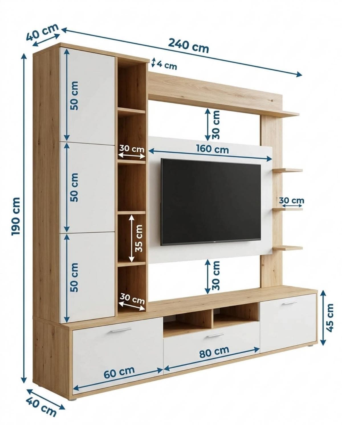 A modern and modular entertainment wall unit featuring a two-tone design of light wood-look finish and white panels. It is designed to accommodate a television within a central recessed panel. The unit comprises multiple storage elements including closed cabinets, drawers, and open shelves, offering versatile storage and display options. The left side features a tall cabinet section with white doors and integrated open shelving. The right side has a series of floating-style shelves. The base consists of several drawers and open compartments, providing space for media devices. The overall aesthetic is clean, functional, and contemporary. — 3D model