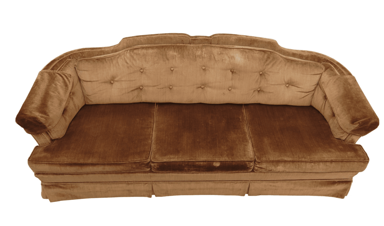 A three-seater sofa with a tufted backrest and cushioned seat. The sofa features rolled arms and a scalloped back design. The upholstery appears to be a velvet-like fabric. — 3D model