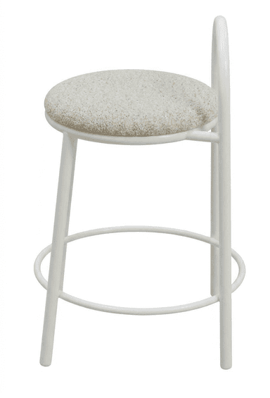 A contemporary bar stool featuring a sleek white metal frame with four tubular legs, a circular footrest, and a curved hoop backrest. The circular seat is upholstered in a light, textured cream or off-white fabric. — 3D model