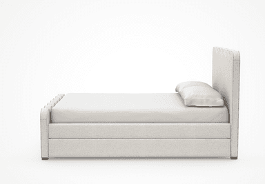 A contemporary upholstered platform bed featuring a distinctive scalloped design on both the headboard and footboard. The bed frame is covered in a light-colored, textured fabric, likely a linen or bouclé blend, and rests on subtle wooden block feet. It includes a mattress and two pillows with white bedding. — 3D model