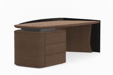 A modern executive desk with a distinctive asymmetrical design. It features a multi-level structure with a wooden top and a three-drawer cabinet on the left side. The supporting structure on the right is a sculptural element with curved panels in black and wood finish. The desk has a contemporary aesthetic with clean lines and a focus on material contrast. — 3D model